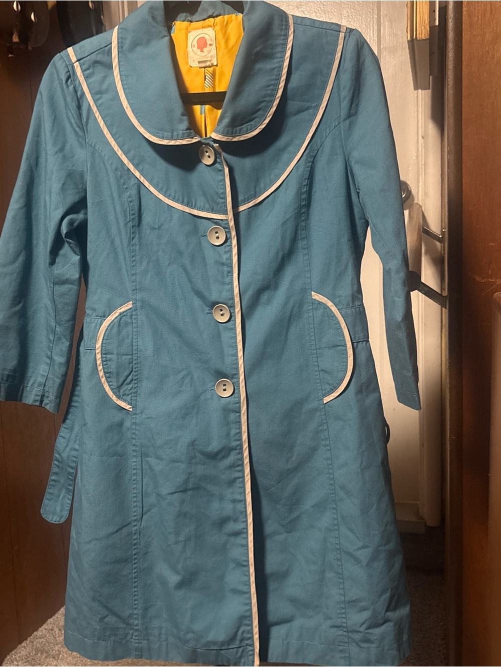 Vintage Tulle Mod GoGo Trench Coat – Turquoise Blue with Cream Piping Small